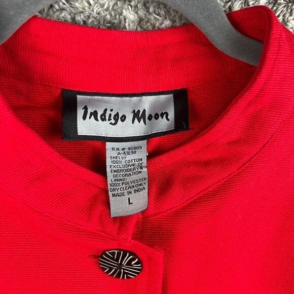 Indigo Moon Long Duster Jacket Red Embroidered Appliqued Artsy Blazer Large - Picture 4 of 9